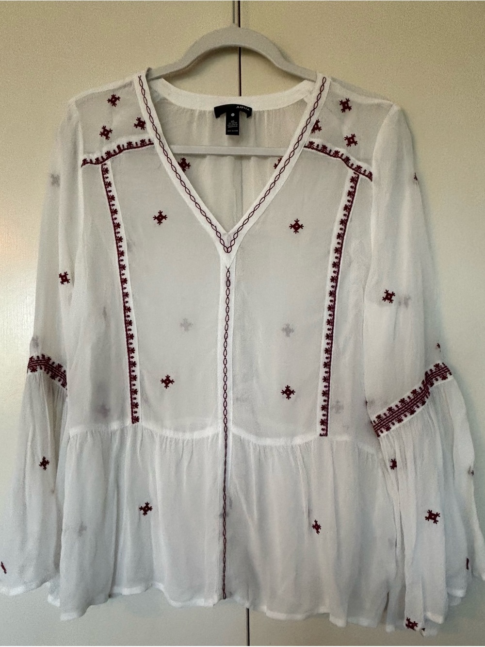 Aqua White Peasant Blouse with Burgundy Embroidery